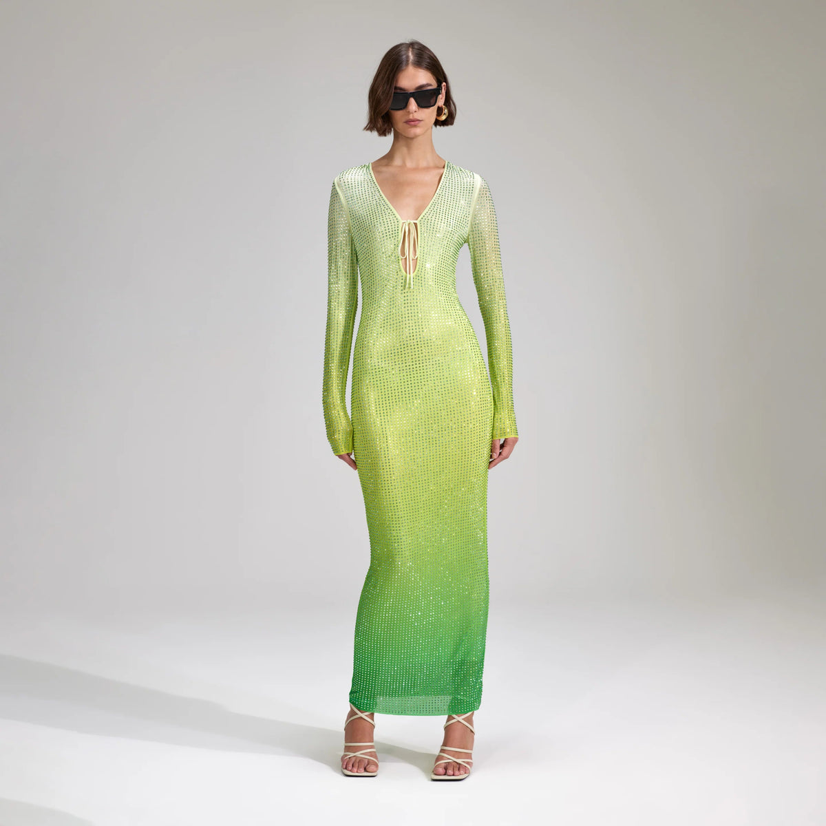 RENT Self Portrait Green Rhinestone Mesh Keyhole Maxi Dress