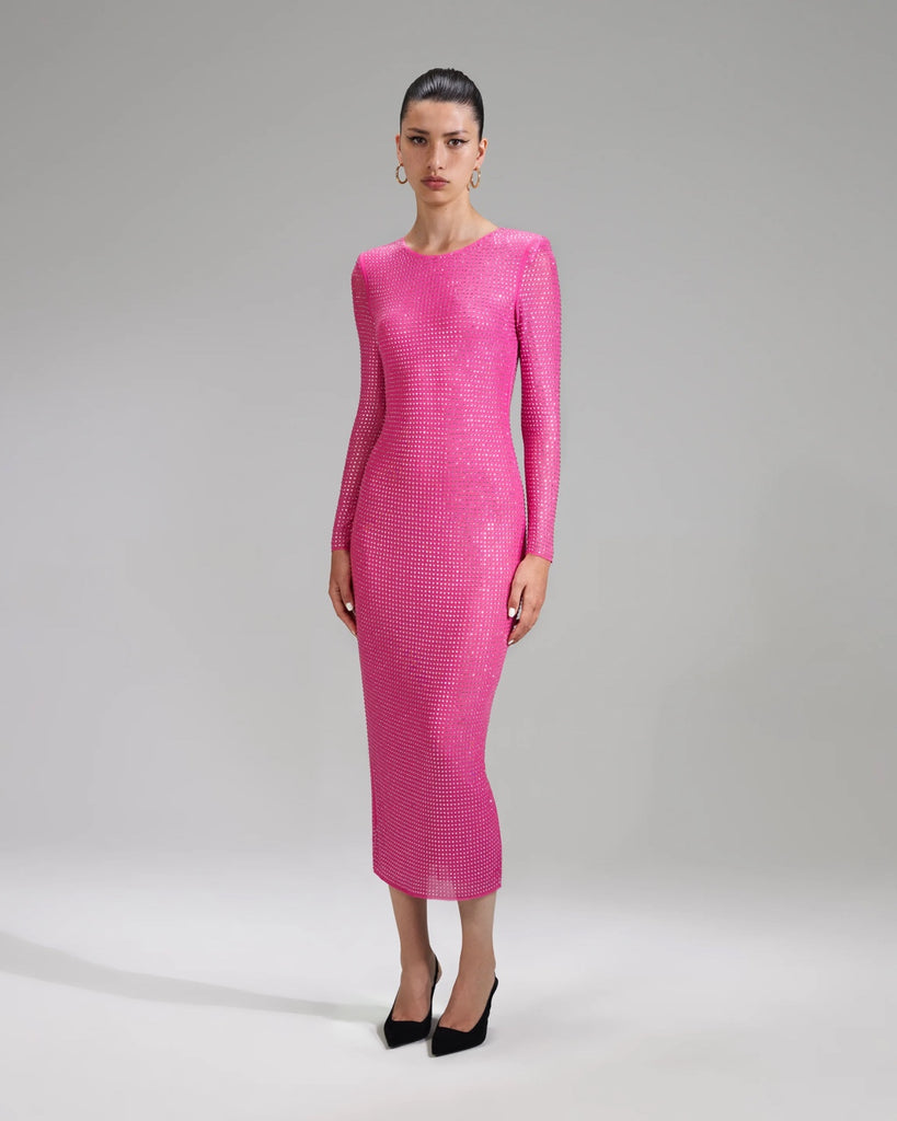 Rent Self Portrait | Pink Rhinestone Mesh Midi | Hire Pink Dress | Party Dress | One Hit Wonders