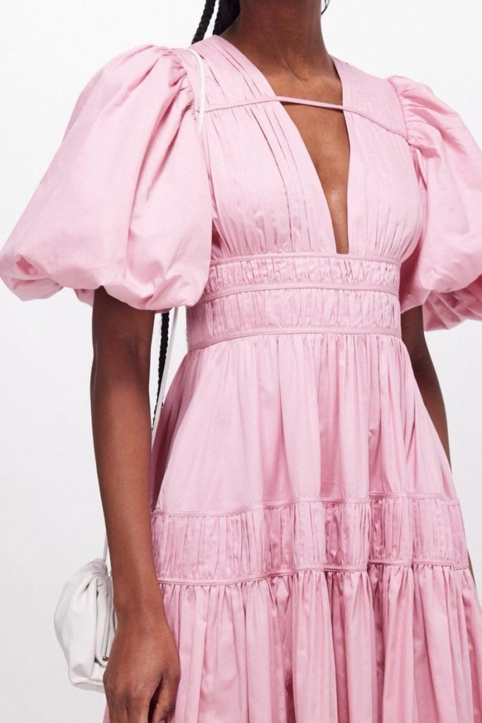Rent RENT Aje Fallingwater Puff Sleeve Cotton Midi (RRP £460) – designer dress hire in UK sizes 8–16 from One Hit Wonders