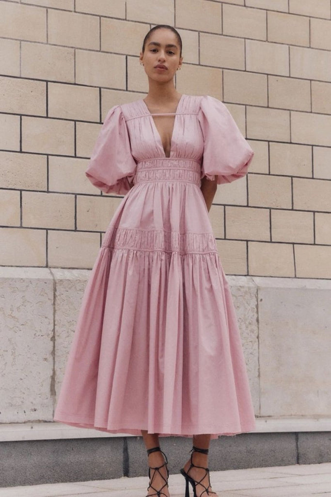 Rent RENT Aje Fallingwater Puff Sleeve Cotton Midi (RRP £460) – designer dress hire in UK sizes 8–16 from One Hit Wonders