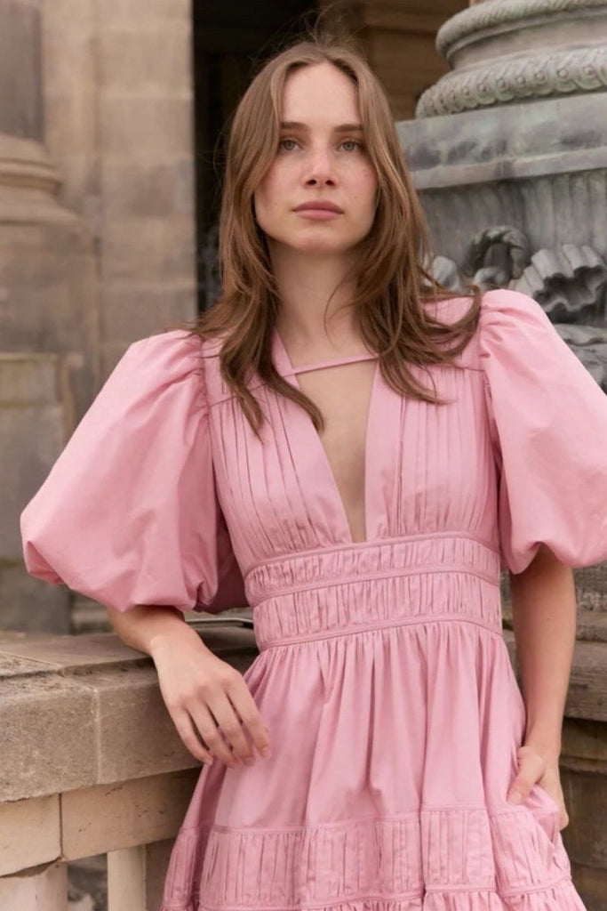 Rent RENT Aje Fallingwater Puff Sleeve Cotton Midi (RRP £460) – designer dress hire in UK sizes 8–16 from One Hit Wonders