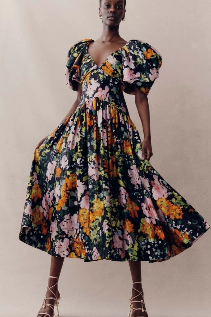 Rent RENT Aje Gabrielle Midnight Floral - print linen - blend dress (RRP £460) – designer dress hire in UK sizes 8–16 from One Hit Wonders