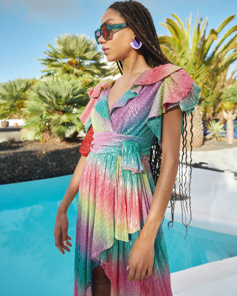 Rent RENT Celia B RAINBOW OPAL ASYMMETRIC RUFFLED MIDI DRESS (RRP £350) – designer dress hire in UK sizes 8–16 from One Hit Wonders