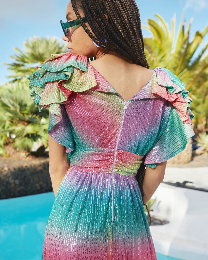 RENT Celia B RAINBOW OPAL ASYMMETRIC RUFFLED MIDI DRESS (RRP £350) - Rent Now from One Hit Wonders