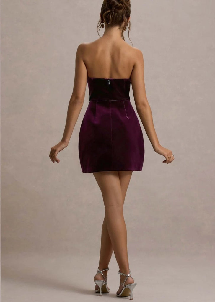 Rent RENT CLUB L LONDON Naia | Port Velvet Embellished Bandeau Mini Dress (RRP £150) – designer dress hire in UK sizes 8–16 from One Hit Wonders