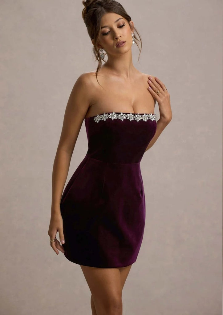 Rent RENT CLUB L LONDON Naia | Port Velvet Embellished Bandeau Mini Dress (RRP £150) – designer dress hire in UK sizes 8–16 from One Hit Wonders