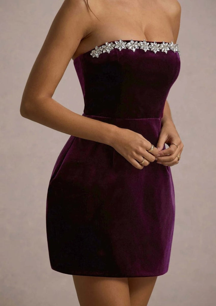 Rent RENT CLUB L LONDON Naia | Port Velvet Embellished Bandeau Mini Dress (RRP £150) – designer dress hire in UK sizes 8–16 from One Hit Wonders