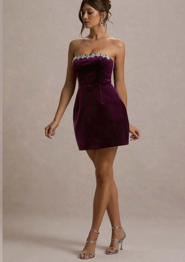 Rent RENT CLUB L LONDON Naia | Port Velvet Embellished Bandeau Mini Dress (RRP £150) – designer dress hire in UK sizes 8–16 from One Hit Wonders