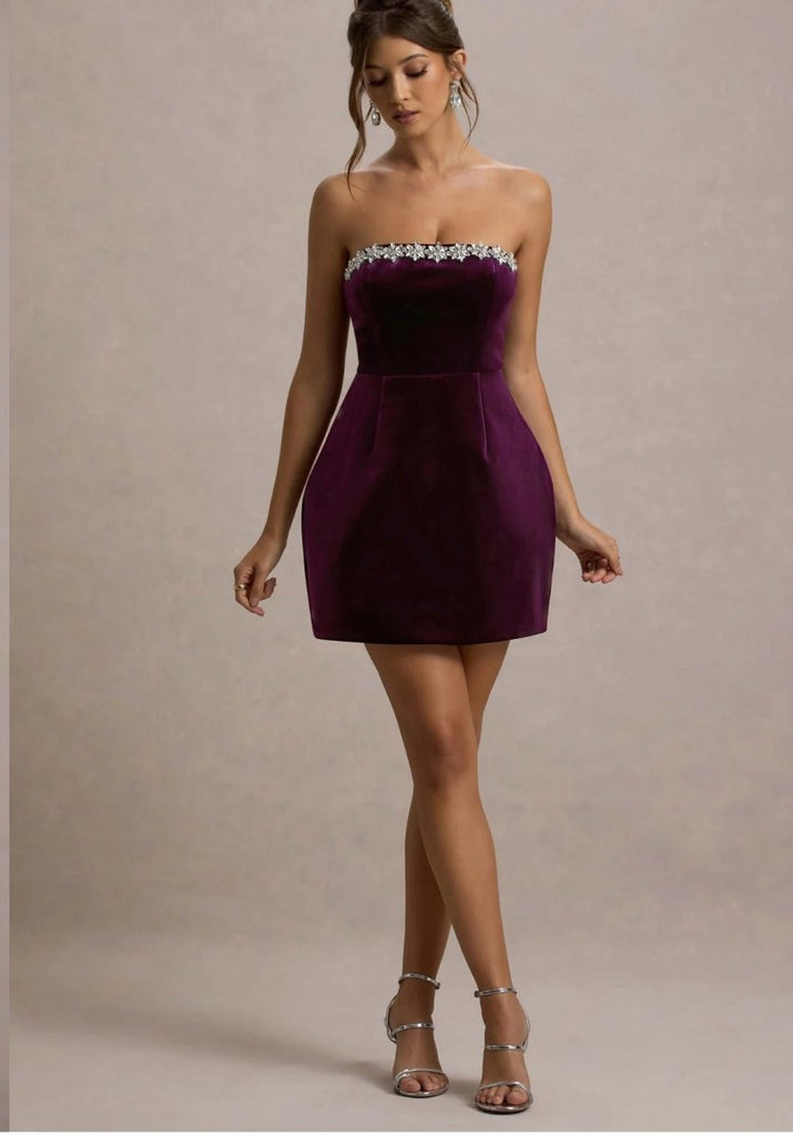 Rent RENT CLUB L LONDON Naia | Port Velvet Embellished Bandeau Mini Dress (RRP £150) – designer dress hire in UK sizes 8–16 from One Hit Wonders