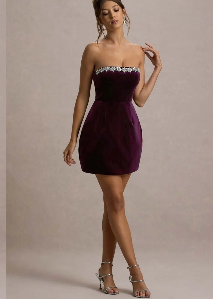 Rent RENT CLUB L LONDON Naia | Port Velvet Embellished Bandeau Mini Dress (RRP £150) – designer dress hire in UK sizes 8–16 from One Hit Wonders