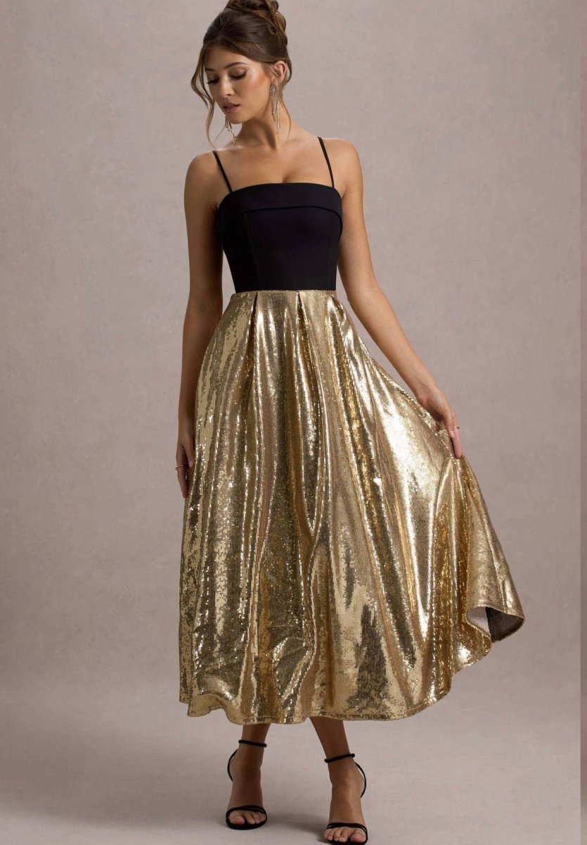 RENT CLUB L LONDON Nicci | Black & Gold Strappy Midi Dress With Sequin Skirt (RRP 180) | One Hit Wonders RENT CLUB L LONDON Nicci | Black & Gold Strappy Midi Dress With Sequin Skirt (RRP 180) | One Hit Wonders