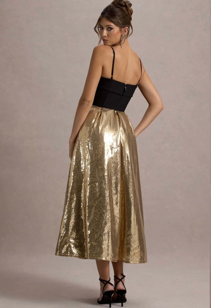 RENT CLUB L LONDON Nicci | Black & Gold Strappy Midi Dress With Sequin Skirt (RRP 180) | One Hit Wonders RENT CLUB L LONDON Nicci | Black & Gold Strappy Midi Dress With Sequin Skirt (RRP 180) | One Hit Wonders