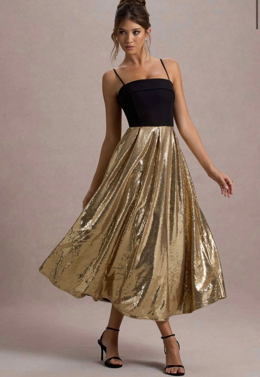 RENT CLUB L LONDON Nicci | Black & Gold Strappy Midi Dress With Sequin Skirt (RRP 180) | One Hit Wonders RENT CLUB L LONDON Nicci | Black & Gold Strappy Midi Dress With Sequin Skirt (RRP 180) | One Hit Wonders