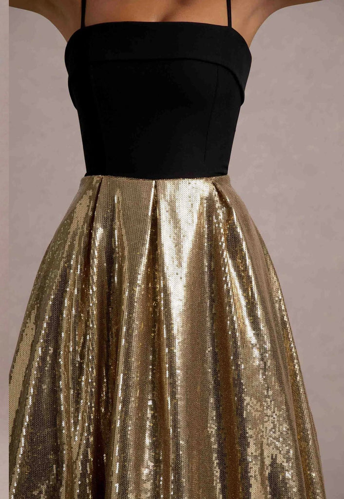 RENT CLUB L LONDON Nicci | Black & Gold Strappy Midi Dress With Sequin Skirt (RRP £180) - Rent Now from One Hit Wonders