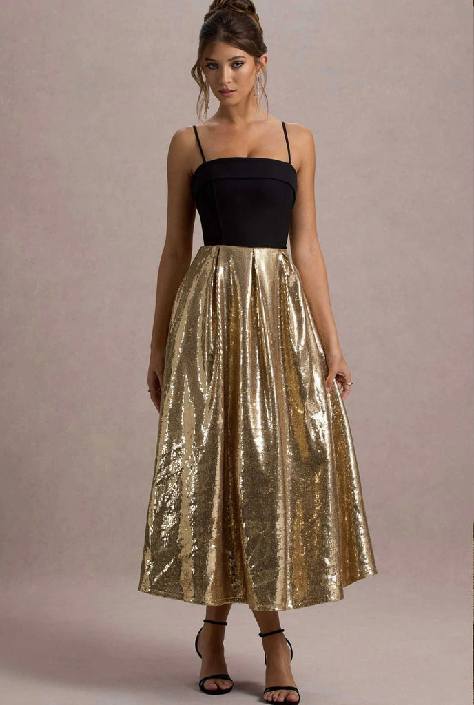 RENT CLUB L LONDON Nicci | Black & Gold Strappy Midi Dress With Sequin Skirt (RRP £180) - Rent Now from One Hit Wonders