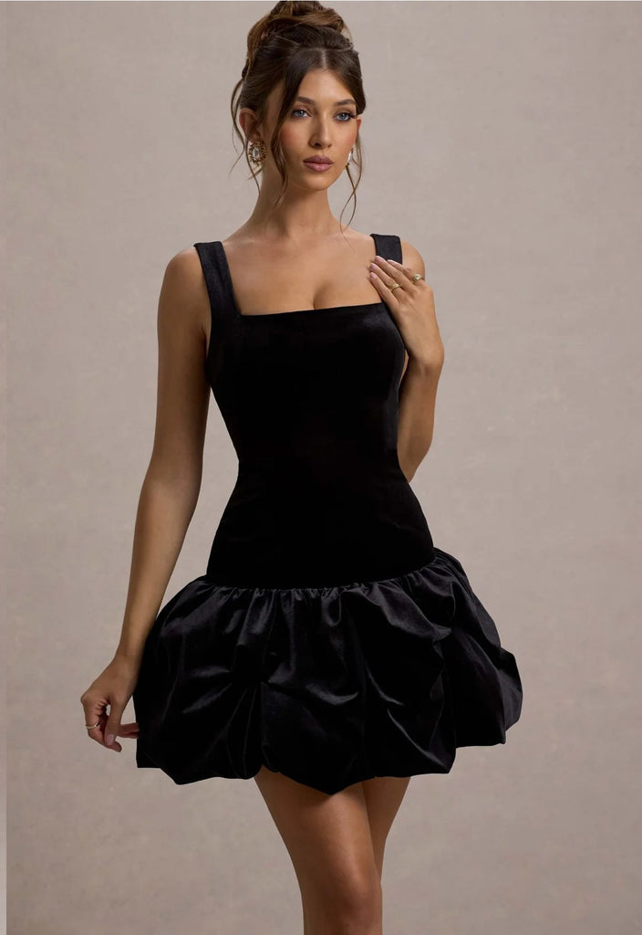 RENT CLUB L LONDON Sutton | Black Velvet Square - Neck Ruffle Hem Mini Dress (RRP £120) - Rent Now from One Hit Wonders