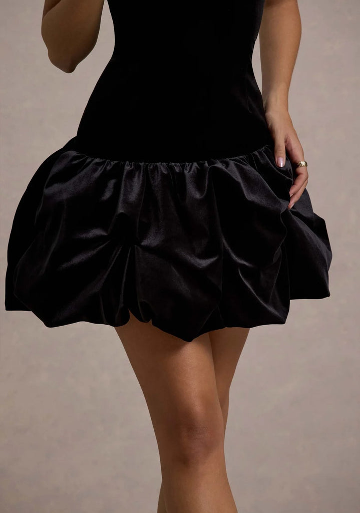 RENT CLUB L LONDON Sutton | Black Velvet Square - Neck Ruffle Hem Mini Dress (RRP £120) - Rent Now from One Hit Wonders