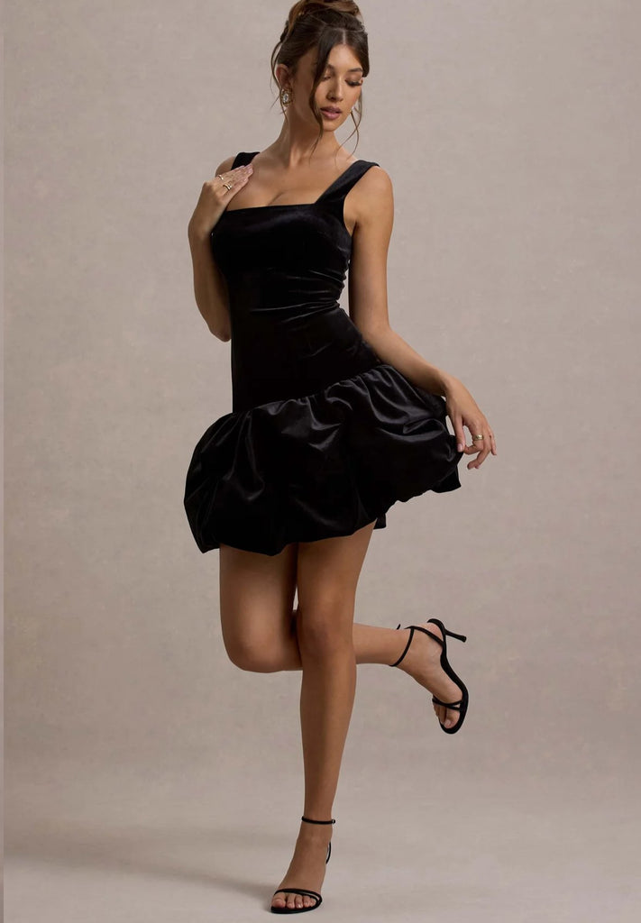 RENT CLUB L LONDON Sutton | Black Velvet Square - Neck Ruffle Hem Mini Dress (RRP £120) - Rent Now from One Hit Wonders