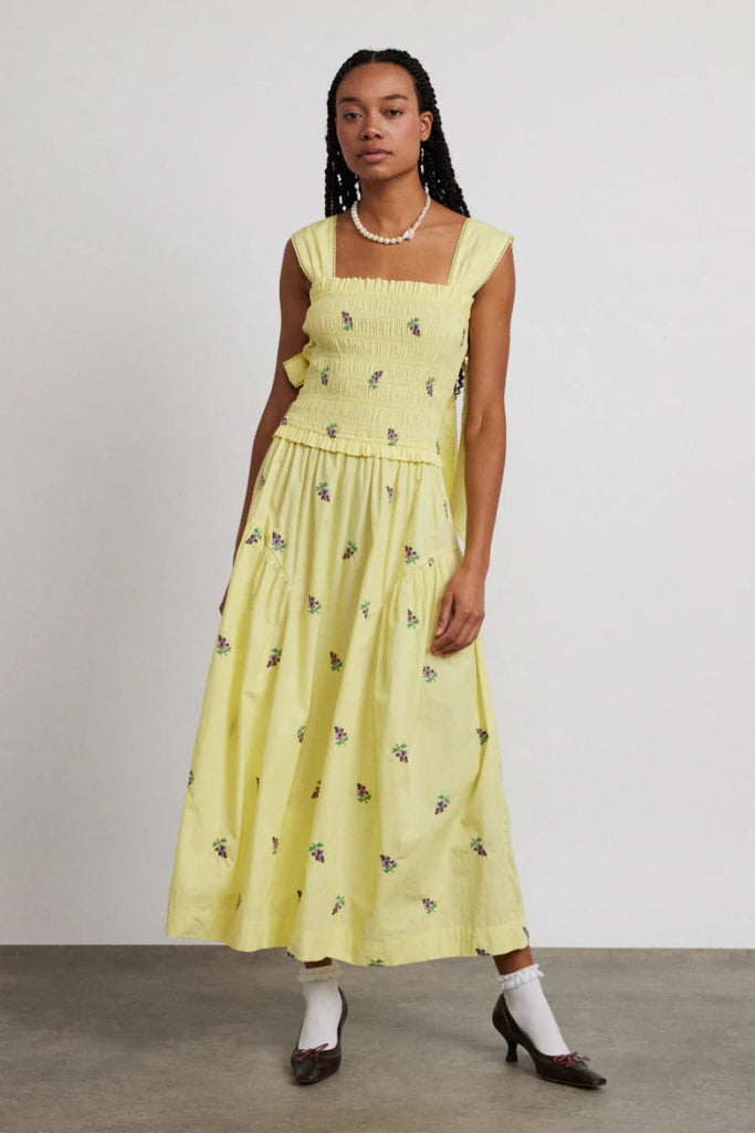 Rent RENT Damson Madder Tish Poplin Midi Dress - Grape Embroidery (RRP £125) – designer dress hire in UK sizes 8–16 from One Hit Wonders