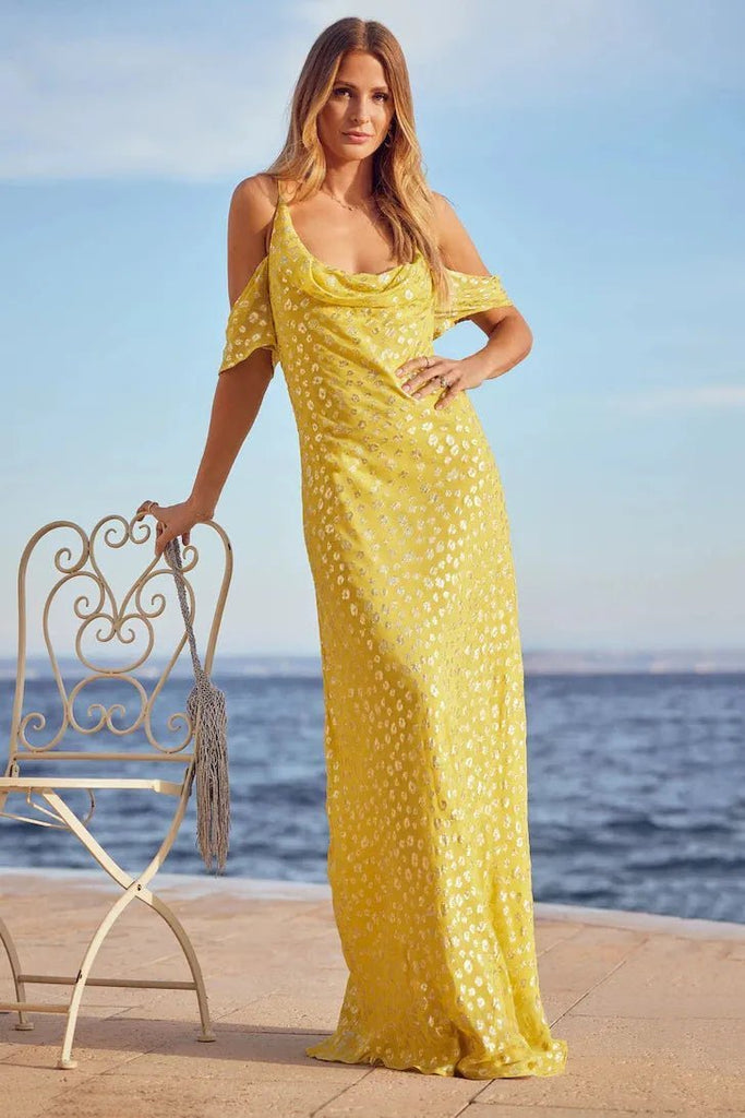 Rent RENT Friends Like These Foil Glitter Cold Shoulder Maxi Dress (RRP £68) – designer dress hire in UK sizes 8–16 from One Hit Wonders