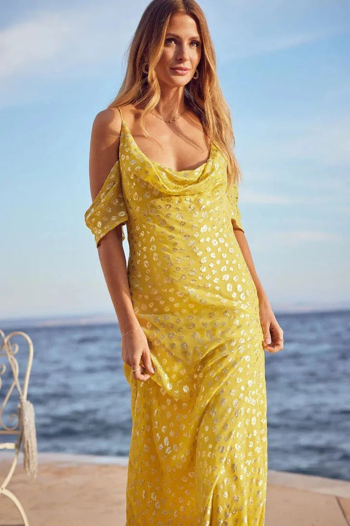 Rent RENT Friends Like These Foil Glitter Cold Shoulder Maxi Dress (RRP £68) – designer dress hire in UK sizes 8–16 from One Hit Wonders