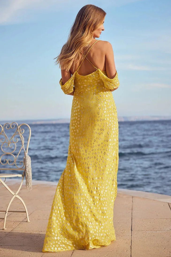 Rent RENT Friends Like These Foil Glitter Cold Shoulder Maxi Dress (RRP £68) – designer dress hire in UK sizes 8–16 from One Hit Wonders
