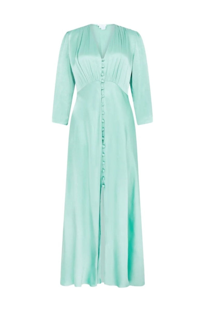 Rent RENT Ghost Madison Jade Satin Midi Dress (RRP £159) – designer dress hire in UK sizes 8–16 from One Hit Wonders
