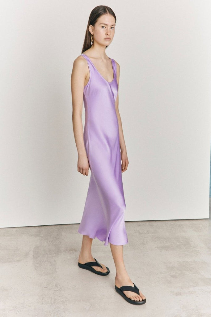 Rent RENT Ghost Palm Lilac Satin Slip Midi Dress (RRP £129) – designer dress hire in UK sizes 8–16 from One Hit Wonders