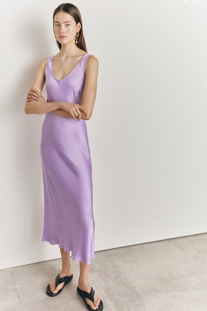Rent RENT Ghost Palm Lilac Satin Slip Midi Dress (RRP £129) – designer dress hire in UK sizes 8–16 from One Hit Wonders