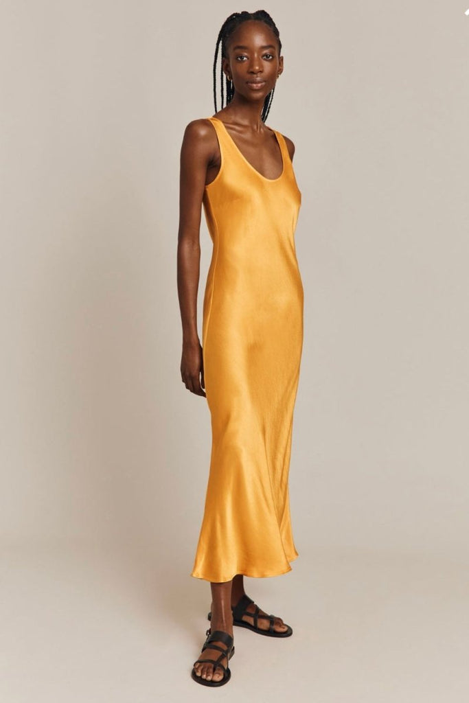 Rent RENT Ghost Palm Sunglow Satin Slip Midi Dress (RRP £129) – designer dress hire in UK sizes 8–16 from One Hit Wonders