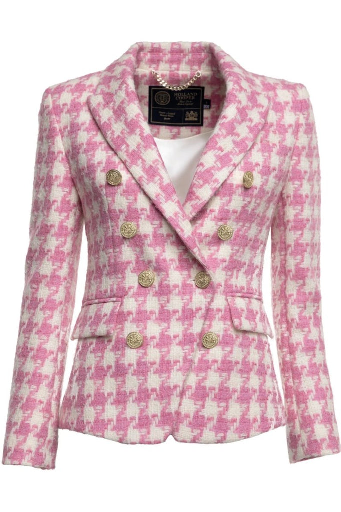 Rent RENT Holland Cooper Knightsbridge Blazer Pink Large Scale Houndstooth (RRP £399) – designer dress hire in UK sizes 8–16 from One Hit Wonders