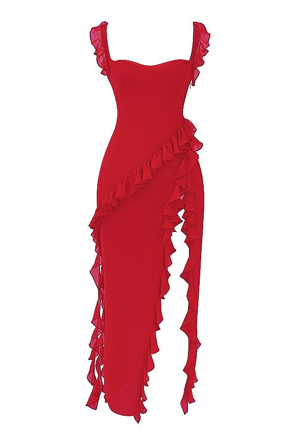 Rent RENT House of CB Ariela Cherry Ruffle Maxi (RRP £169) – designer dress hire in UK sizes 8–16 from One Hit Wonders