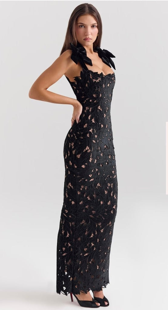 Rent RENT House of CB Tiff Black Velvet Lace Maxi Dress (RRP £199) – designer dress hire in UK sizes 8–16 from One Hit Wonders