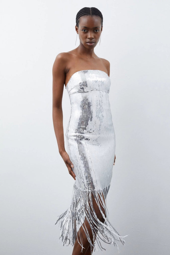 Rent RENT Karen Millen Fringe Sequin Bandeau Midi Dress (RRP £99) – designer dress hire in UK sizes 8–16 from One Hit Wonders