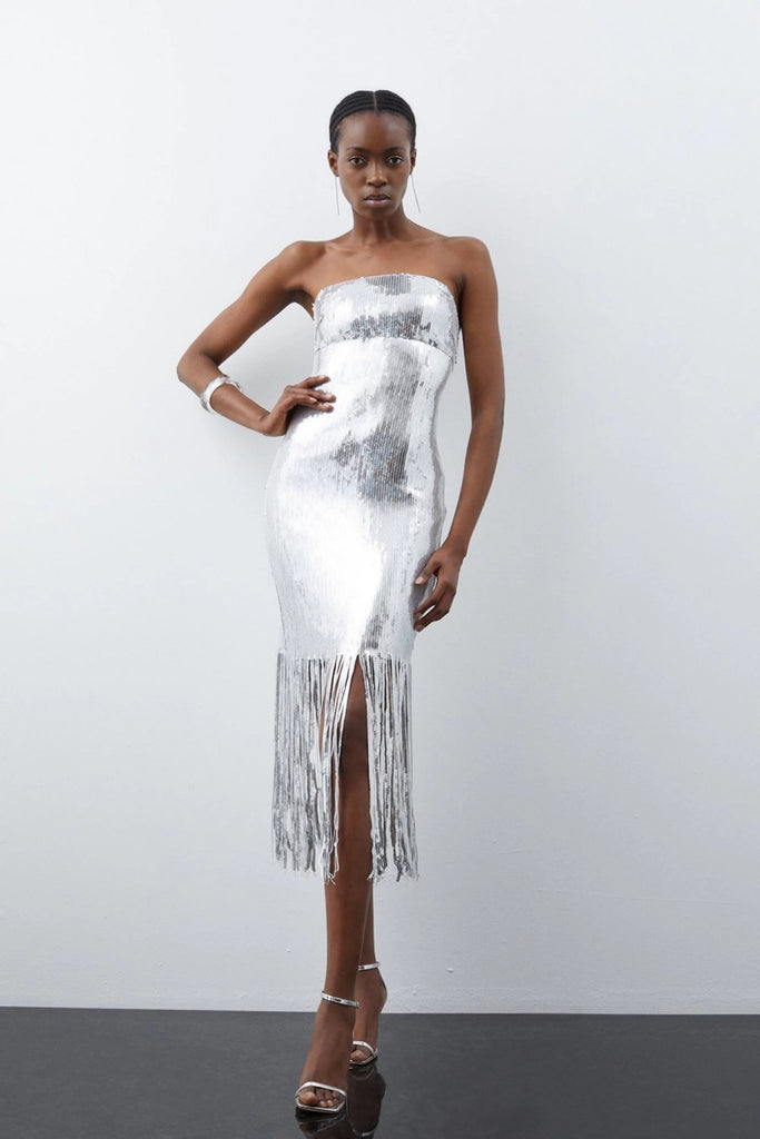 Rent RENT Karen Millen Fringe Sequin Bandeau Midi Dress (RRP £99) – designer dress hire in UK sizes 8–16 from One Hit Wonders