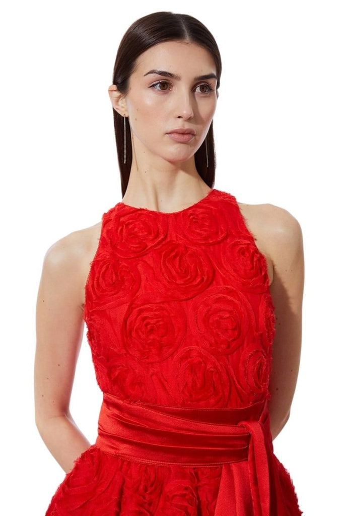 Rent RENT Karen Millen Romantic Rosette Texture Woven Prom Midi Dress (RRP £229) – designer dress hire in UK sizes 8–16 from One Hit Wonders