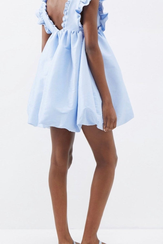 Rent RENT Kika Vargas Blue Caroline V - neck ruffled taffeta mini dress (RRP £485) – designer dress hire in UK sizes 8–16 from One Hit Wonders