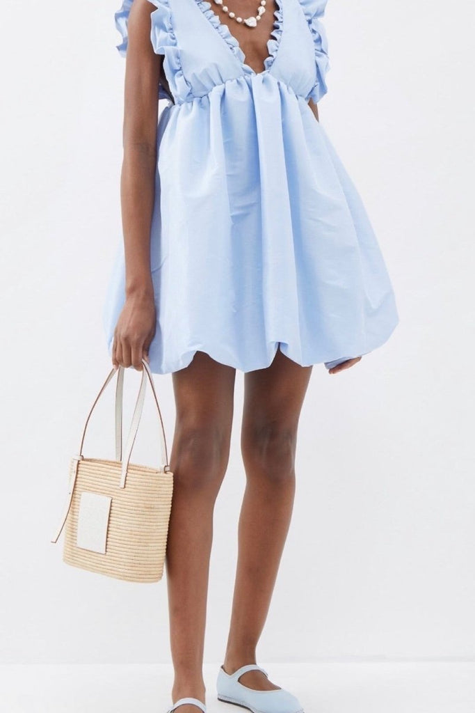 Rent RENT Kika Vargas Blue Caroline V - neck ruffled taffeta mini dress (RRP £485) – designer dress hire in UK sizes 8–16 from One Hit Wonders