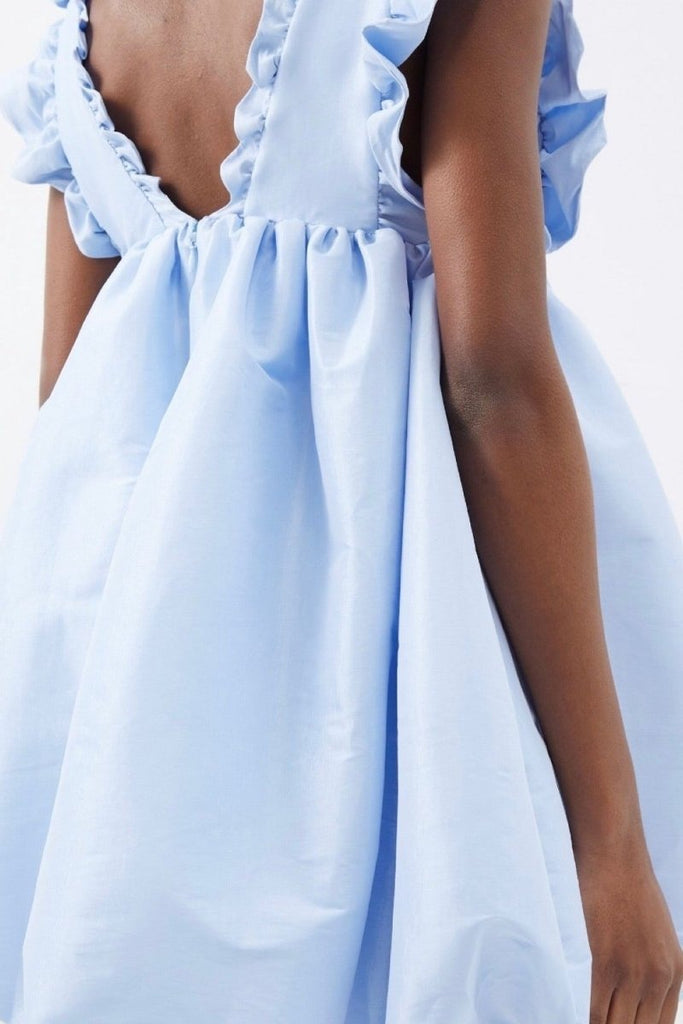 Rent RENT Kika Vargas Blue Caroline V - neck ruffled taffeta mini dress (RRP £485) – designer dress hire in UK sizes 8–16 from One Hit Wonders