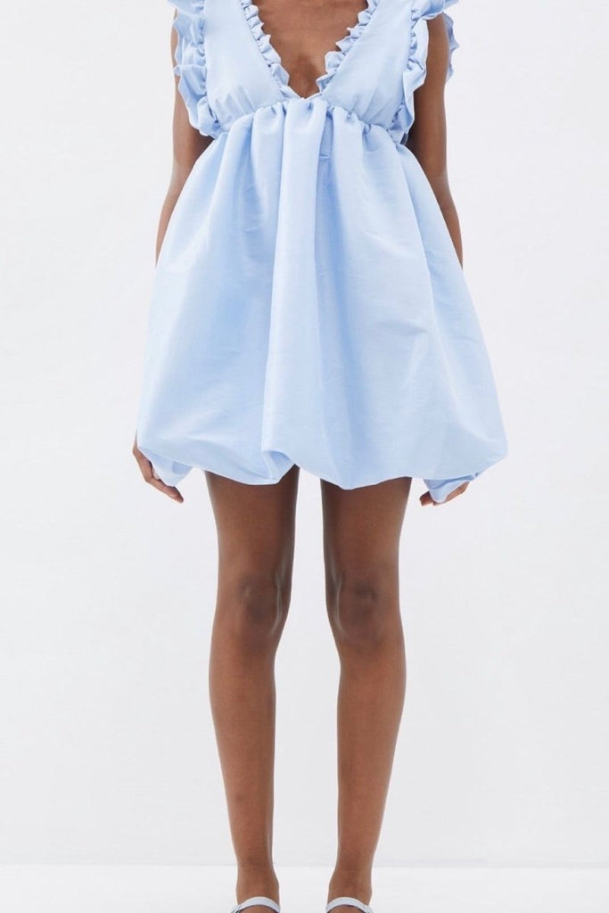 Rent RENT Kika Vargas Blue Caroline V - neck ruffled taffeta mini dress (RRP £485) – designer dress hire in UK sizes 8–16 from One Hit Wonders