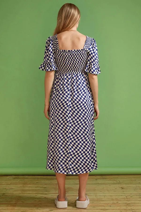 Rent RENT Kitri Arabella Navy Checker Shirred (RRP £165) – designer dress hire in UK sizes 8–16 from One Hit Wonders