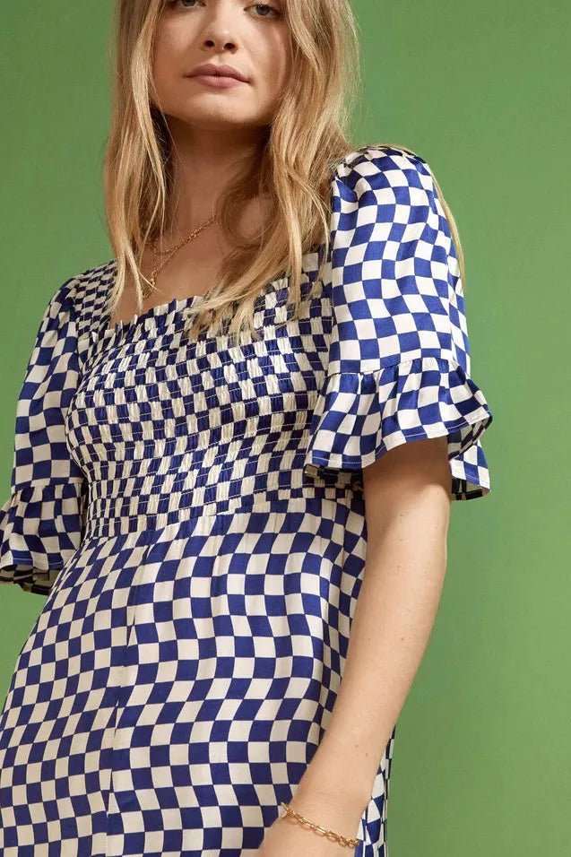 Rent RENT Kitri Arabella Navy Checker Shirred (RRP £165) – designer dress hire in UK sizes 8–16 from One Hit Wonders