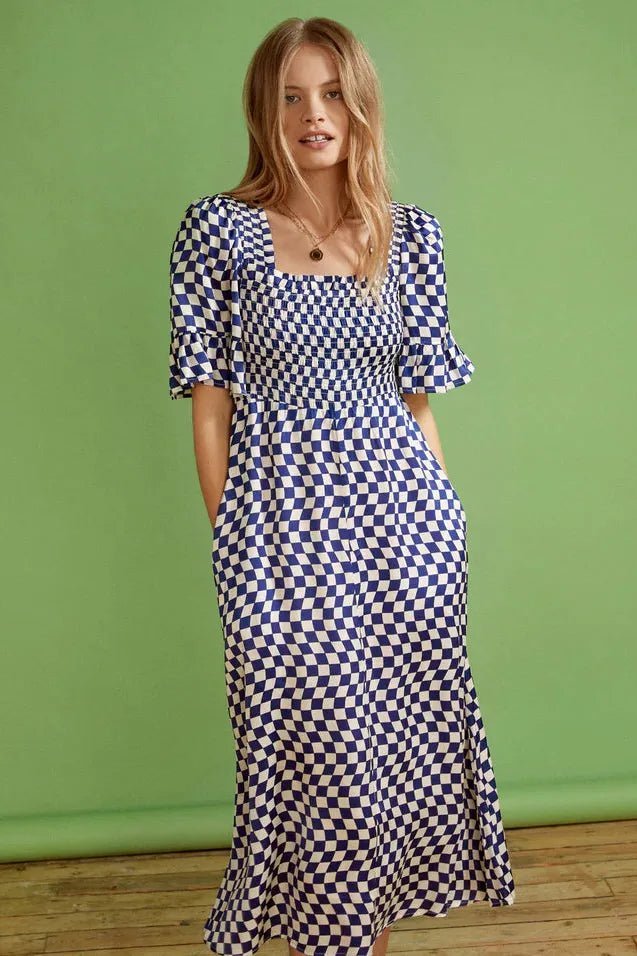 Rent RENT Kitri Arabella Navy Checker Shirred (RRP £165) – designer dress hire in UK sizes 8–16 from One Hit Wonders