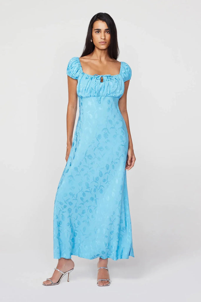 Rent RENT Kitri Bess Sky Blue Tulip Jacquard Maxi Dress (RRP £225) – designer dress hire in UK sizes 8–16 from One Hit Wonders