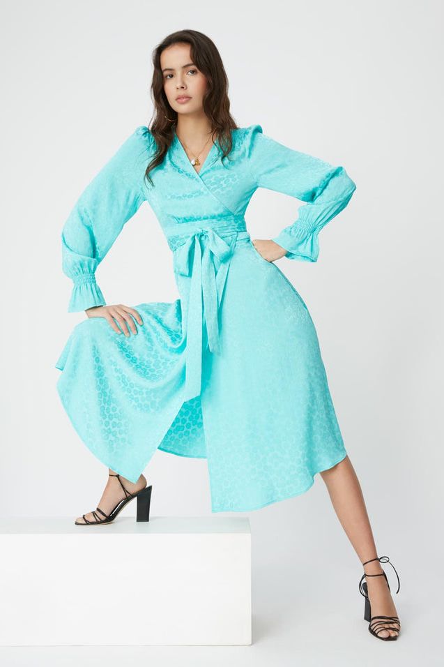 Rent RENT Kitri Claire Mint Daisy Wrap Dress (RRP £145) – designer dress hire in UK sizes 8–16 from One Hit Wonders