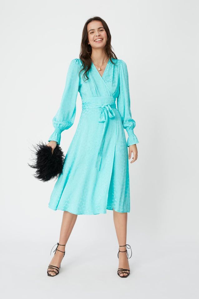 Rent RENT Kitri Claire Mint Daisy Wrap Dress (RRP £145) – designer dress hire in UK sizes 8–16 from One Hit Wonders