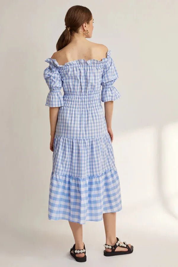 Rent RENT Kitri Fonteyn Dress Blue Gingham (RRP £145) – designer dress hire in UK sizes 8–16 from One Hit Wonders