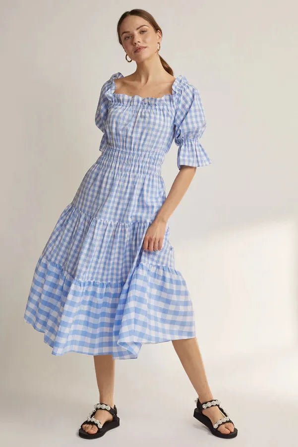Rent RENT Kitri Fonteyn Dress Blue Gingham (RRP £145) – designer dress hire in UK sizes 8–16 from One Hit Wonders