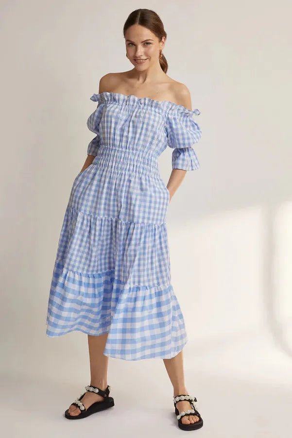Rent RENT Kitri Fonteyn Dress Blue Gingham (RRP £145) – designer dress hire in UK sizes 8–16 from One Hit Wonders