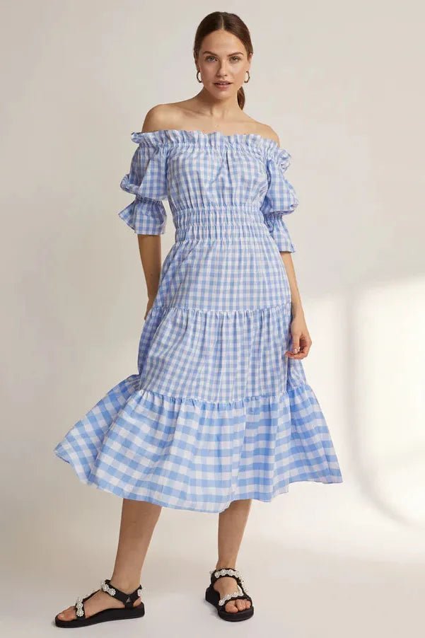 Rent RENT Kitri Fonteyn Dress Blue Gingham (RRP £145) – designer dress hire in UK sizes 8–16 from One Hit Wonders